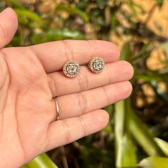 18K Gold Plated Diamond Circle Stud Earrings - Picture 6 of 10